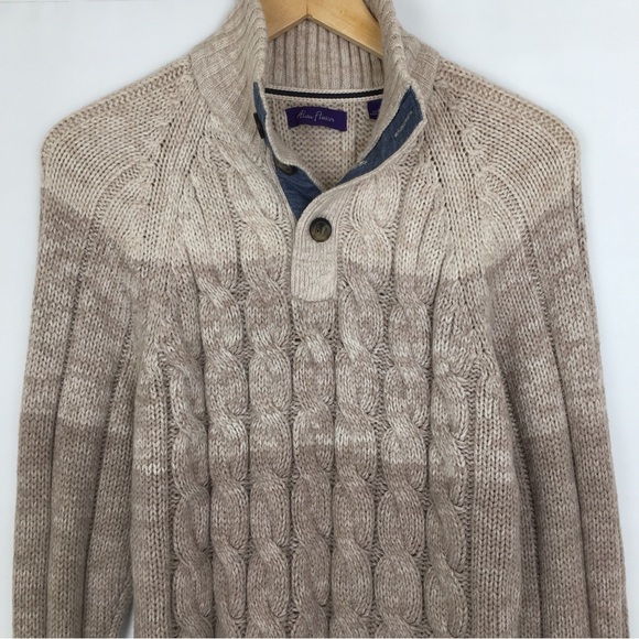 Alan Flusser Mens Fisherman Sweater Cable Knit Sz Medium Tan Color Block Grandpa - Picture 5 of 12